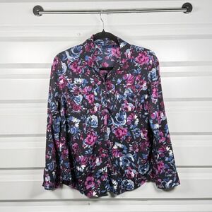 Gloria Vanderbilt Womens Small Floral Button Down Shirt Purple Blue Black Blouse